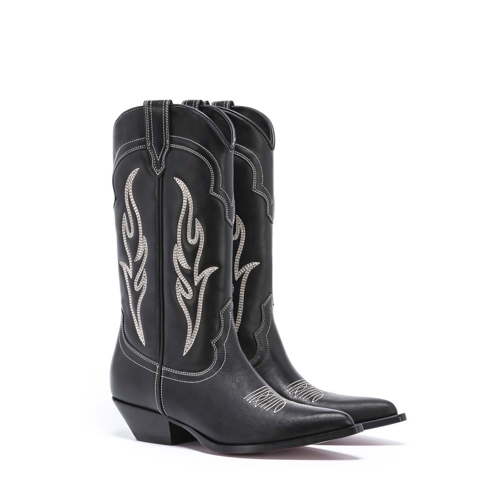 Sonora Santa Fe Cowboy Boots in Black Calfskin & Off-White Embroidery, 38